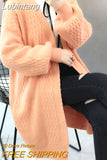 Lubintang Korean Knit Cardigan Elegant Sweaters Muticolor Soft Thick Coat Long Lantern Sleeve Top Solid Aesthetics Trendy Outerwear