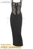 Lubintang Patchwork Sexy Sheer Lace Women Maxi Dress Black Spaghetti Strap Evening Dress Autumn New Skinny Elegant Party Clubwear